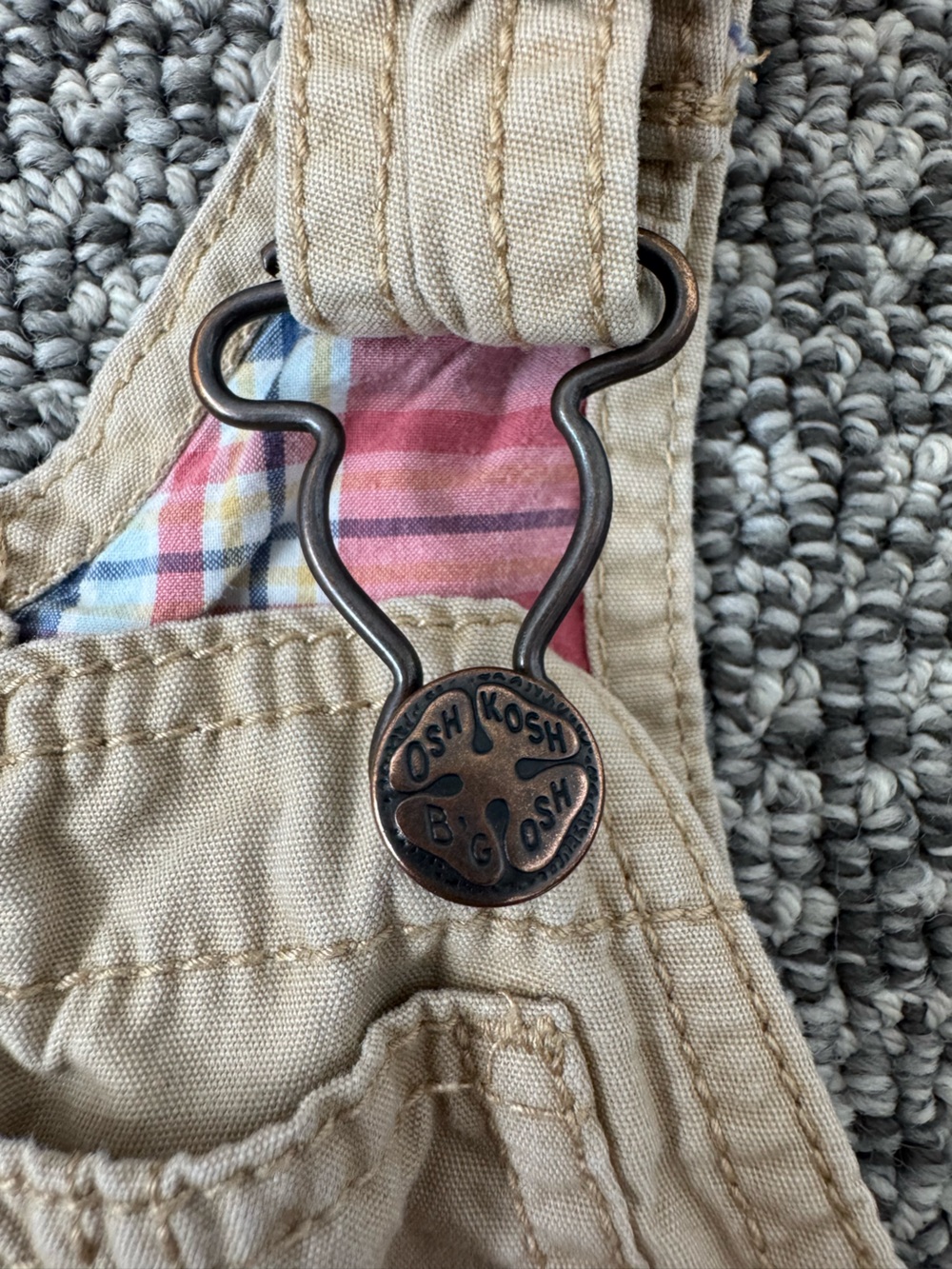 OshKosh B'gosh Khaki Baby Overalls with Plaid Lining - Picture 5 of 7